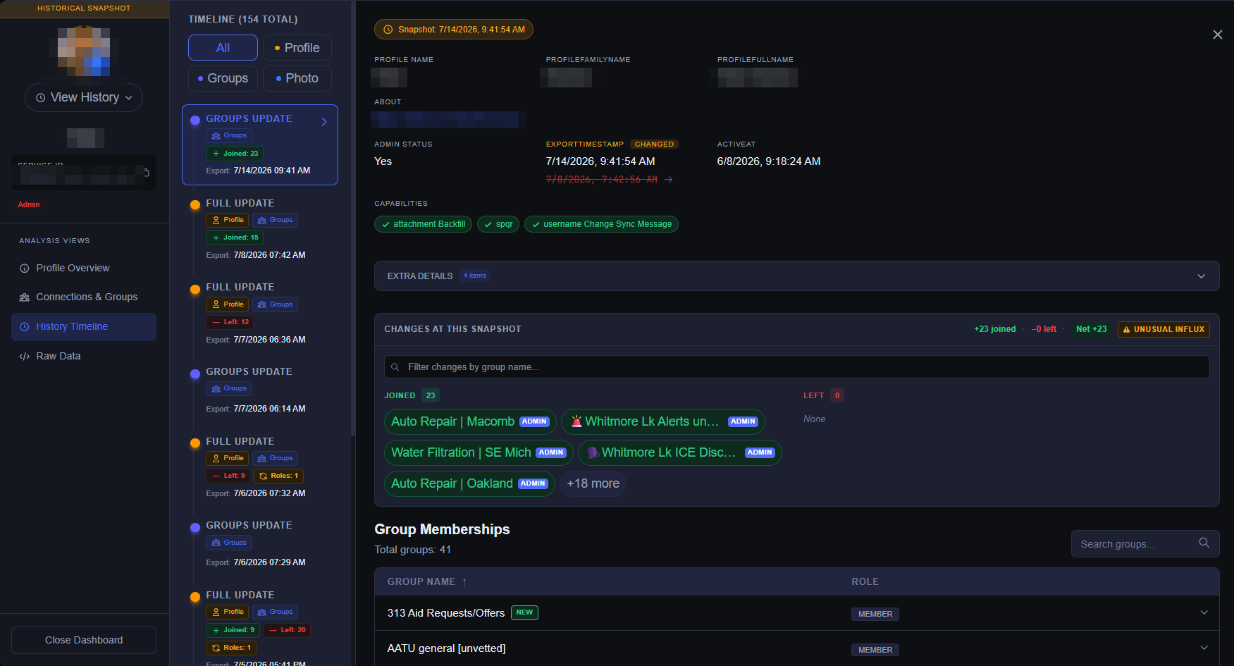 History timeline showing profile and group changes across snapshots