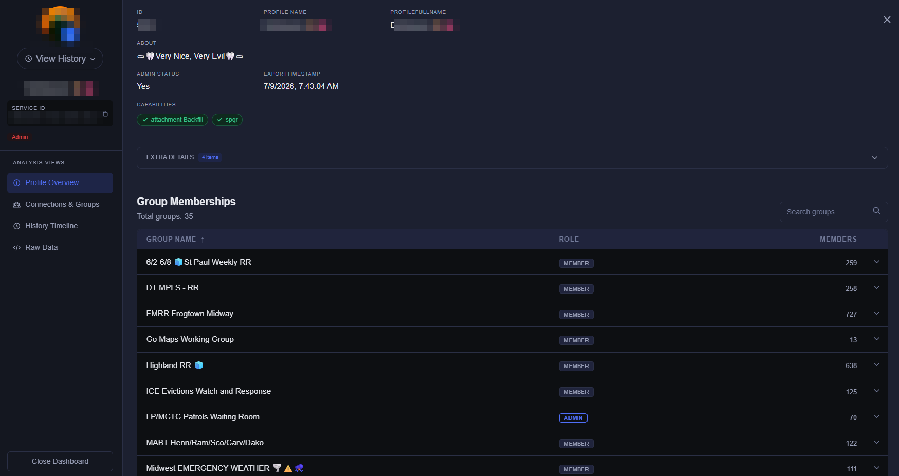 Profile overview with Service ID, capabilities, and group memberships
